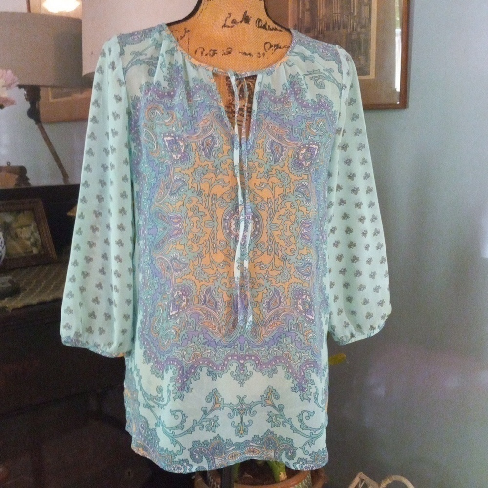 Ann Taylor Aqua and Lavender Paisley Print Boho Sheer Peasant Blouse - Picture 5 of 14